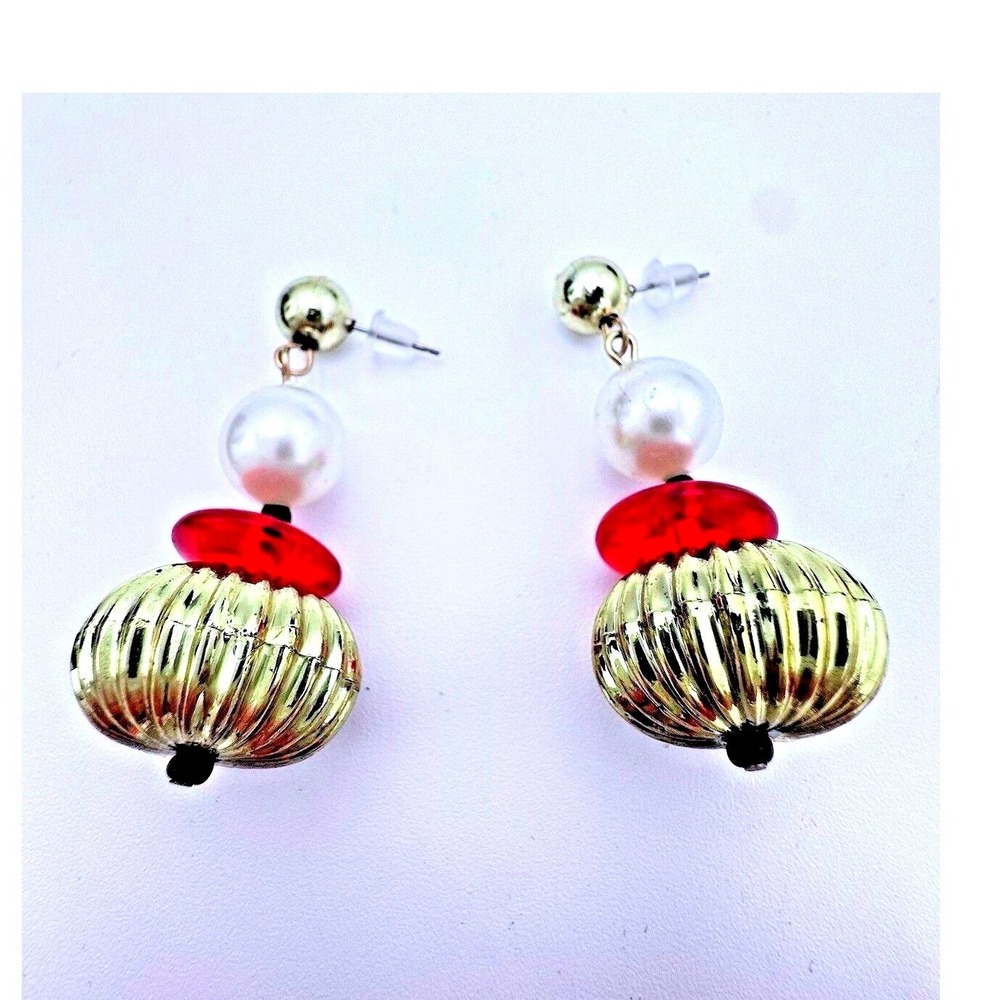 Vtg Statement‎ Dangle Earrings Gold Red Pearl Bead Drop Earrings